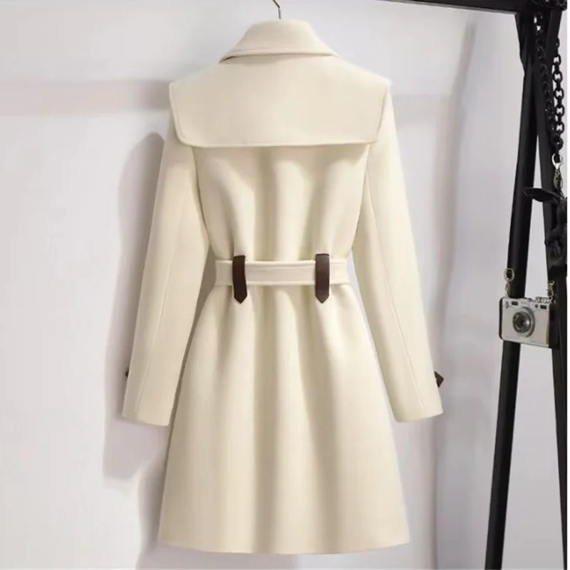 2023 Autumn Winter Wool Jacket Womens Clothing Woolen Coats Female Slim Belt Elegant Long Coat Female Beige Black Outerwear 2874