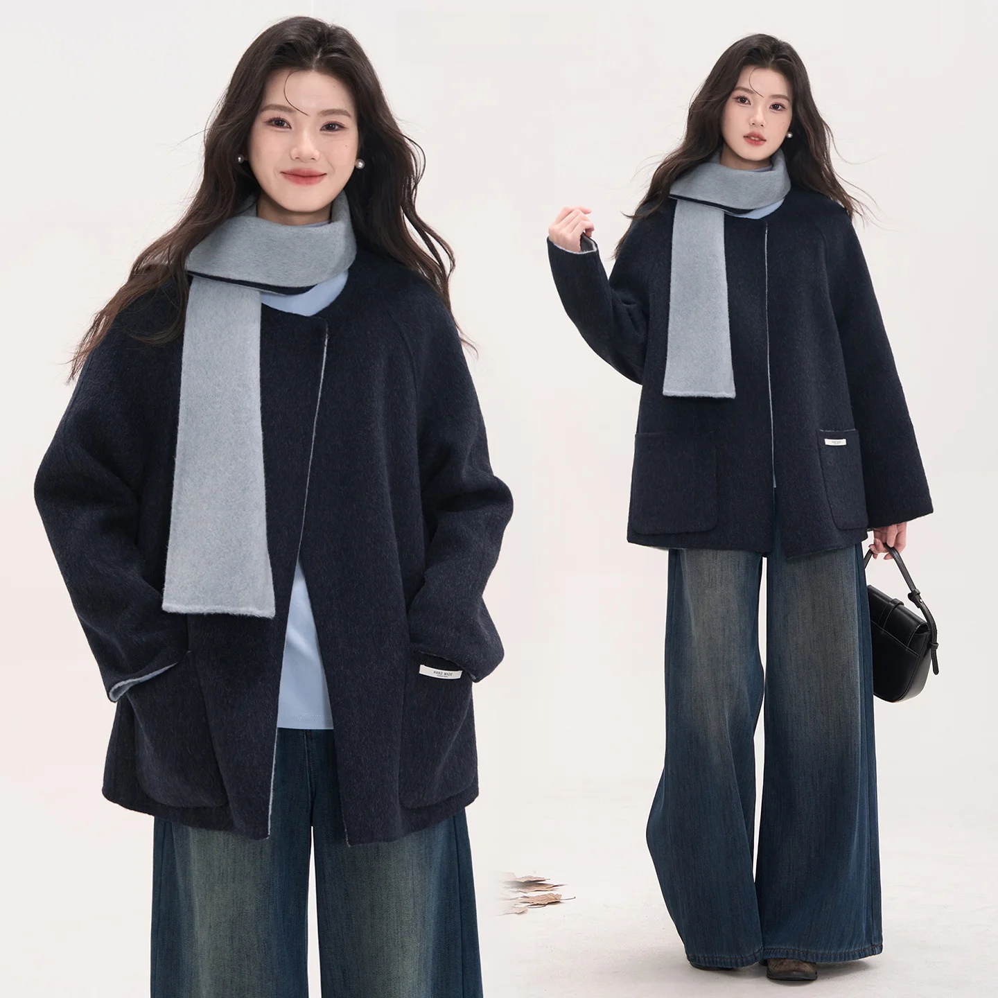 

Женское зимнее двустороннее шерстяное пальто Heme Flower Field Window средней длины с шарфом, в корейском стиле, цветное