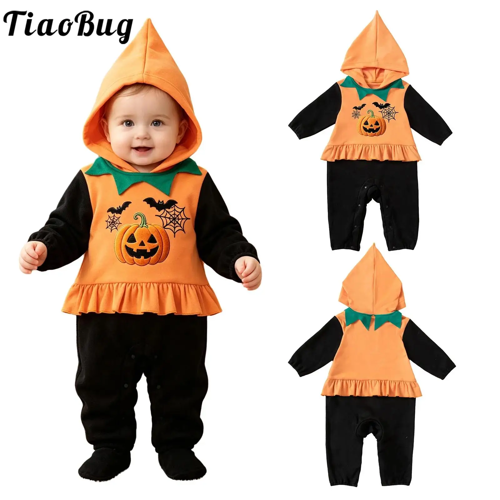 Toddler Baby Boys Girls Halloween Pumpkin Costume Long Sleeve Color Block Hooded Romper Jumpsuit Kids Carnival Party Dress Up