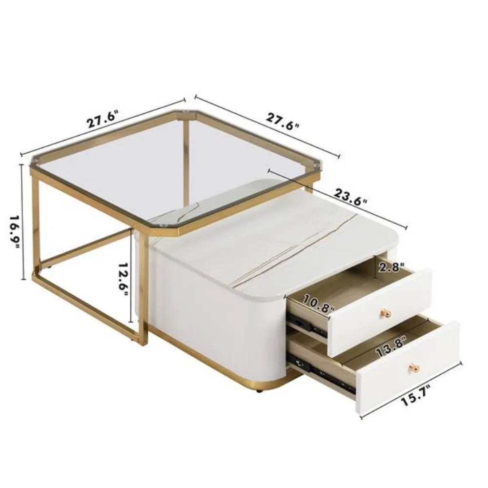 2-in-1 quadratischer, stapelbarer Couchtisch mit Schubladen und galvanisierten Goldbeinen, Marmorkornplatte und braunem gehärtetem Glas