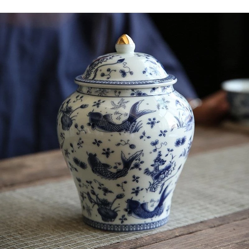 Carp Texture Blue and White Porcelain General Jar Sealed Ginger Tea Canister Desk Decoration Jewelry Boxes Candy Pots