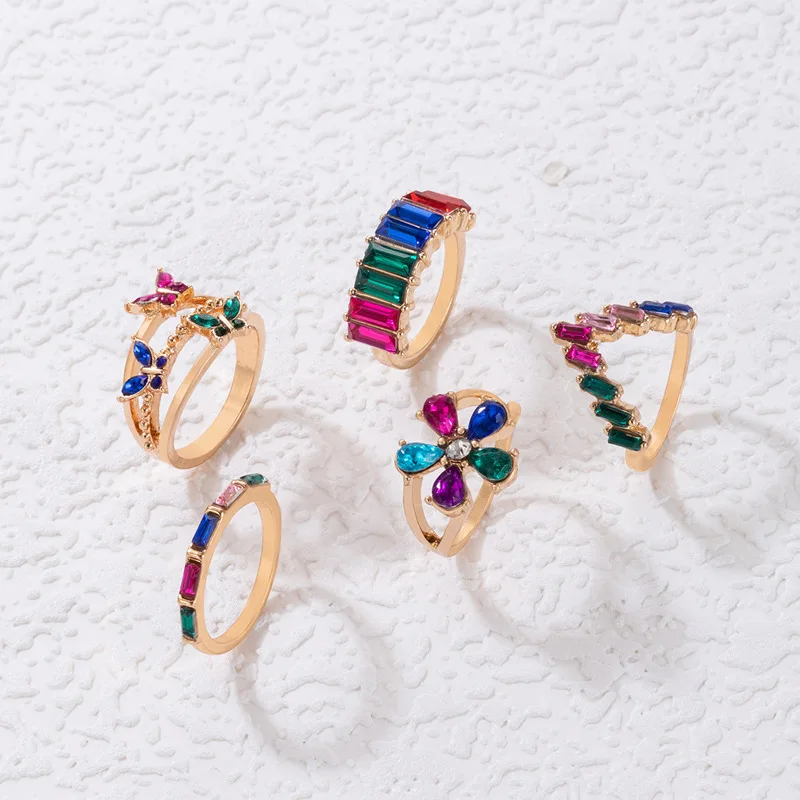 Bohemian Colorful Crystal Geometric Rings Set For Women Rhinestone Butterfly Flower Charm Finger Ring Girls Fashion Jewelry