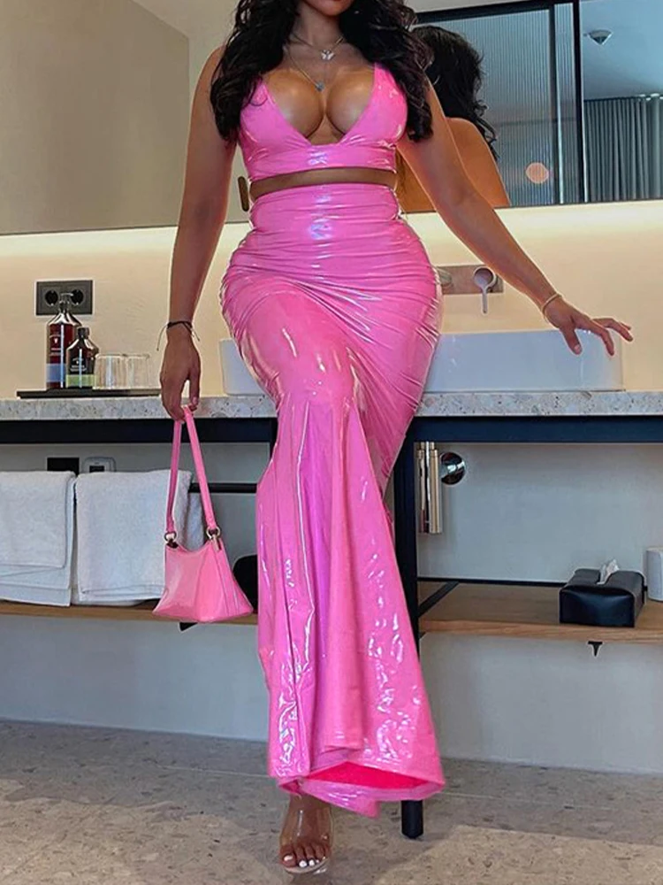 OMSJ Gorgeous Glossy Leather Strappy Sling Tank Top+High Waist Back Slit Mid-length Skirts Trend Matching Clubwear Two-piece Set