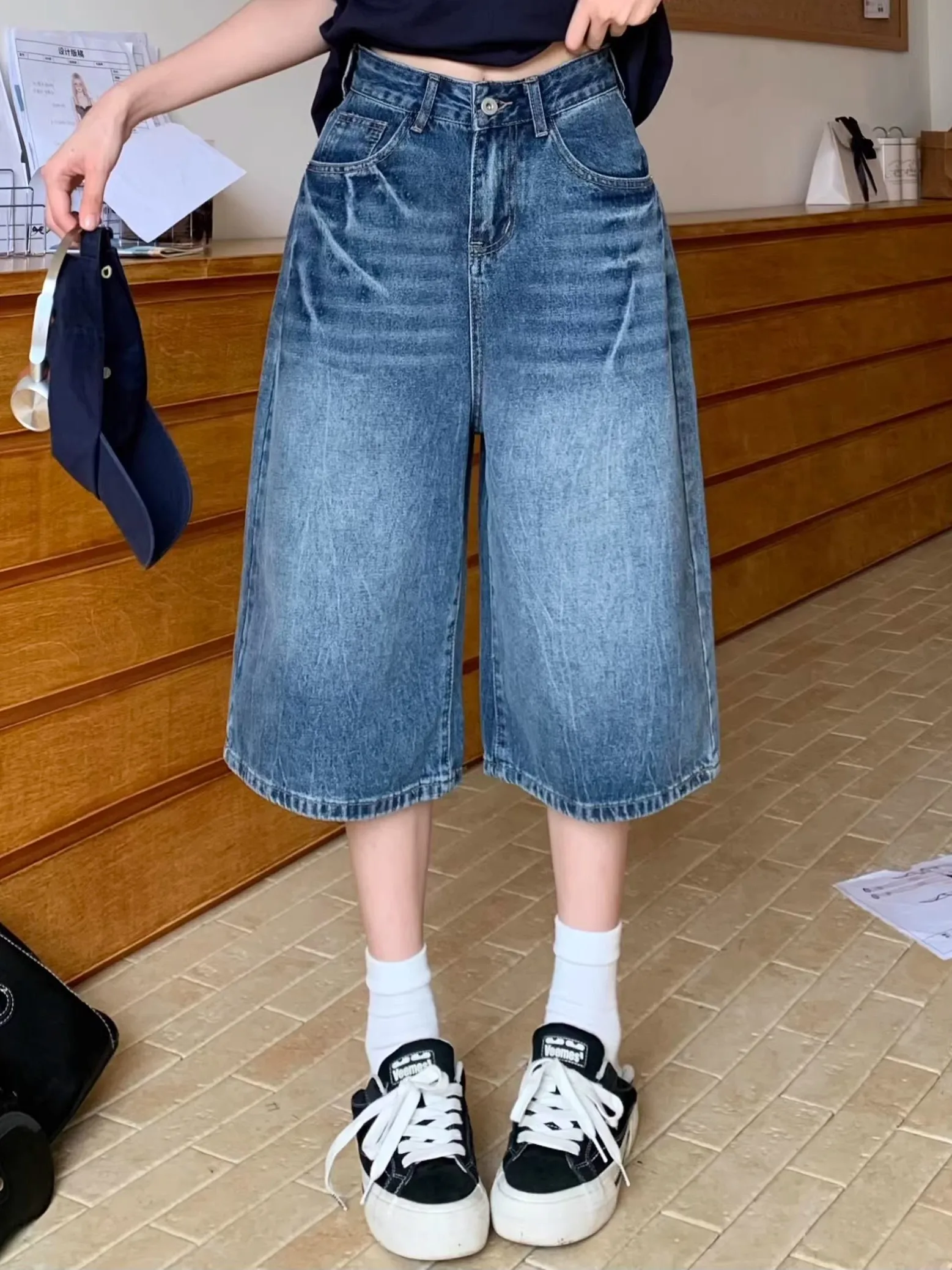 

American Lightning Pattern Seven-Five Jeans Shorts Women Summer Thin Large Size Loose Straight Leg Wide Leg Mid-Pants