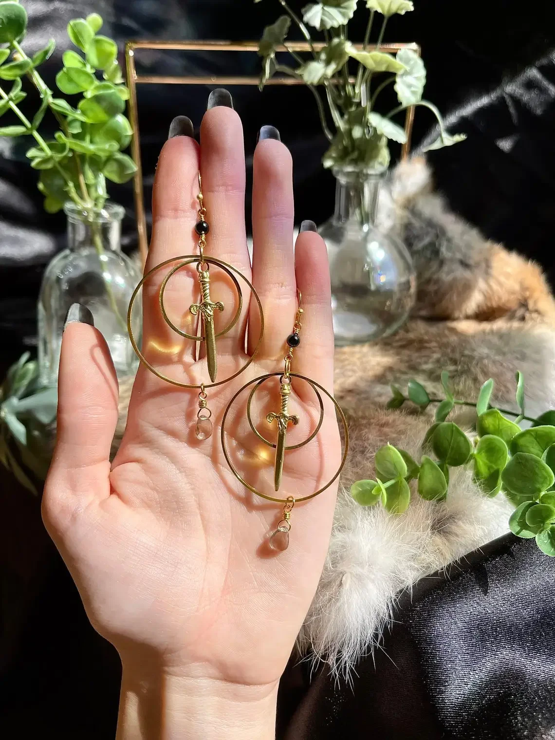 Gothic Jewelry Dagger and Smokey Quartz Pendant Earrings