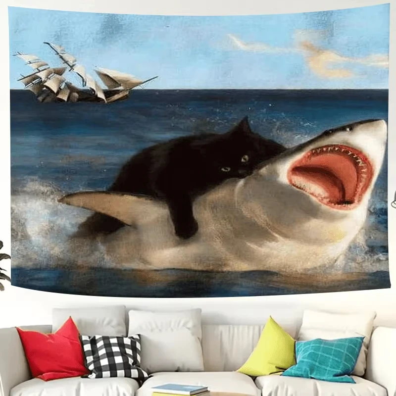 VIKAMA Funny Retro Oil Painting Tapestry Black Cat Riding Shark with Ocean Sailing Ship Wall Hanging for Bedroom Decor