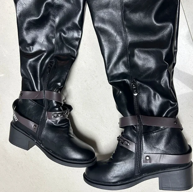 Botas medievais steampunk homem mulher viking pirata nova fivela de cinto botas femininas saltos grossos saltos médios tamanho grande 34-43