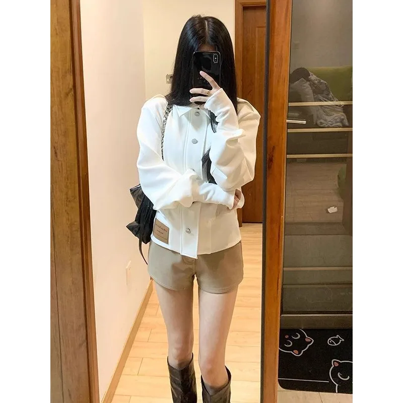 women 2026 Spring and autumn Korean high-end white stand-up collar jacket thin coat women's niche new American loose short top