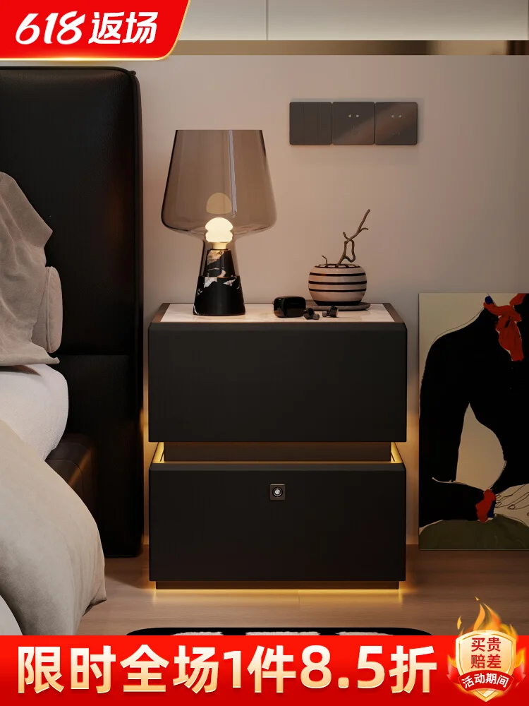 

Smart bedside table with lamp and lock light luxury high-end master bedroom storage rock slab modern simple new bedside table