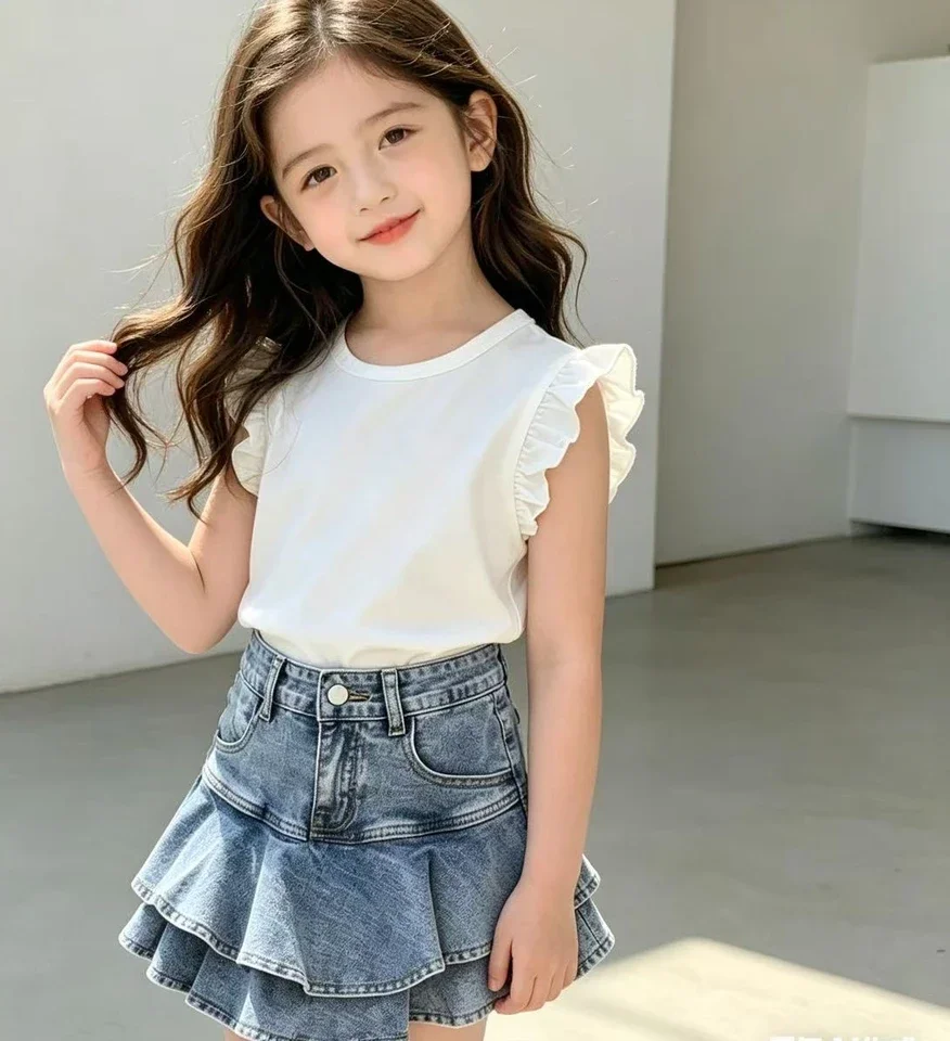 Girls Lotus Leaf Short Sleeve Set 2026 Summer Thin Girls' Flying Sleeve Tank Top Princess T-shirt Skirt Two Piece Set