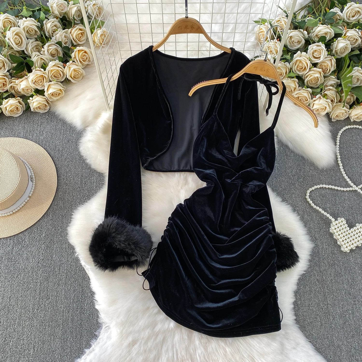 

Сексуальные винтажные элегантные распашные воротники с лямкой на шее, женские вечерние корейские модные платья феи, комплект из двух предметов