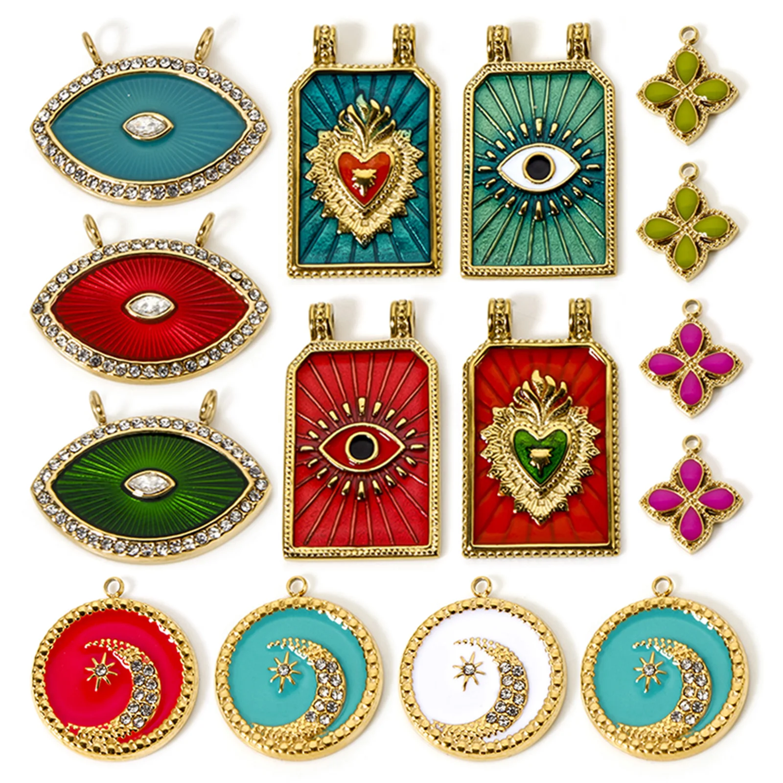 1 Piece Rhinestone Evil Eye Pendant 14K Real Gold Plated Stainless Steel Geometric Moon Charms For Jewelry Making DIY Finding