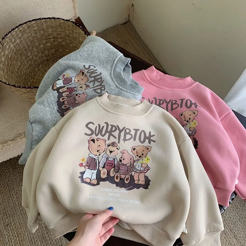 

2025 New Cute Cartoon Print Boys Girls Fleece Sweatshirt Children Casual Pullover Baby Warm Pullover Fashion Baby Clothes