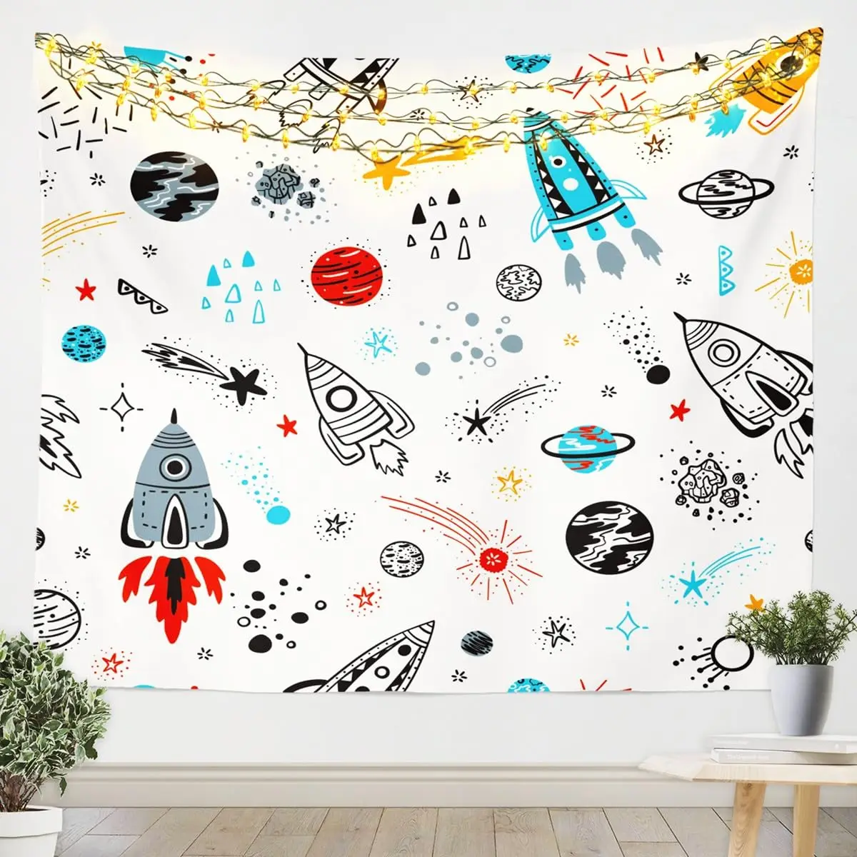 Galaxy Tapestry Outer Space Wall Tapestry for Boys Kids Universe Themed Tapestries Cute Cartoon Planet Rocket Print Wall Hanging