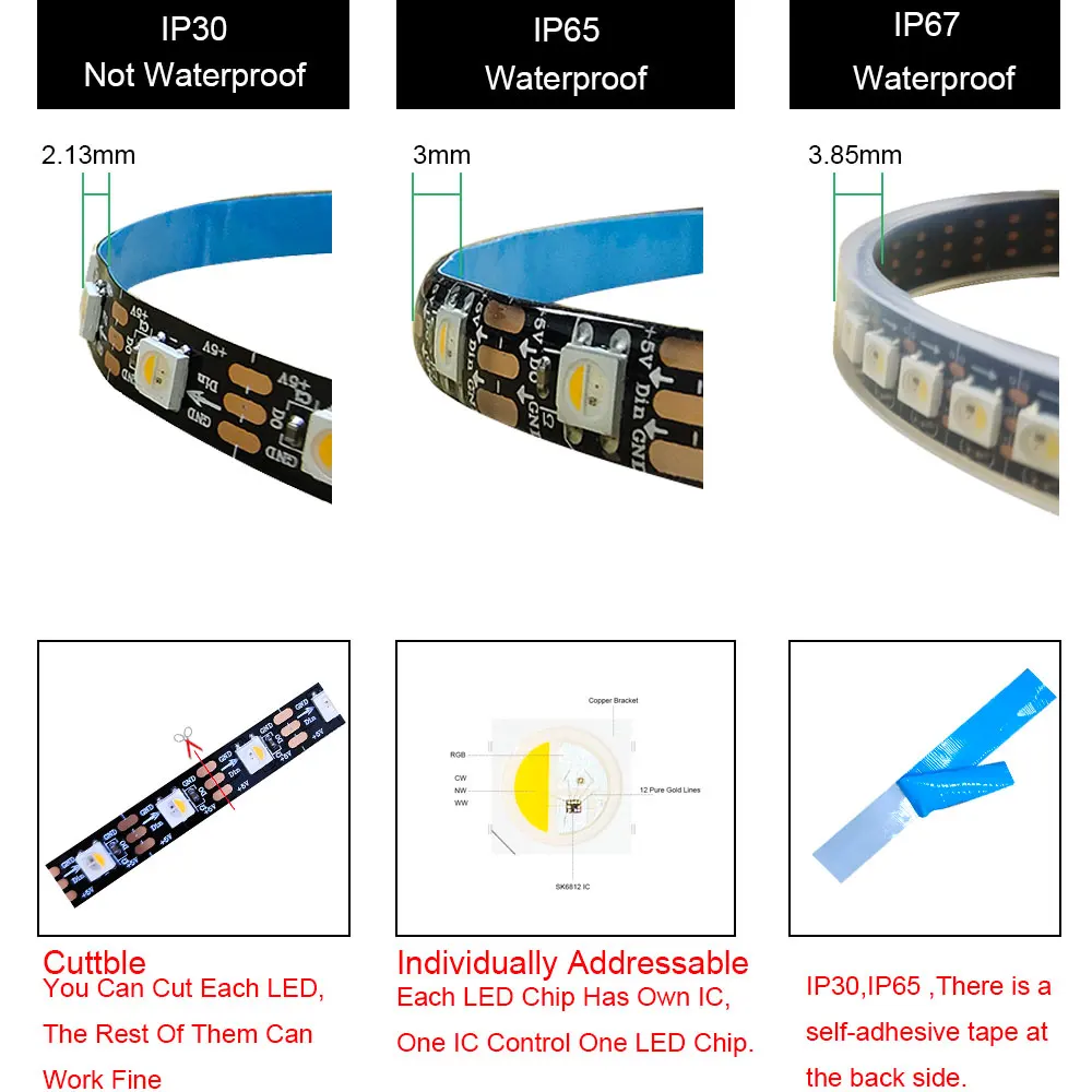 1M-5M SK6812 RGBWW Individual Addressable Led Strip DC5V Mirip WS2812B WS2812 RGBW 30/60/144Leds/M Lampu Led IP30/IP65/IP67