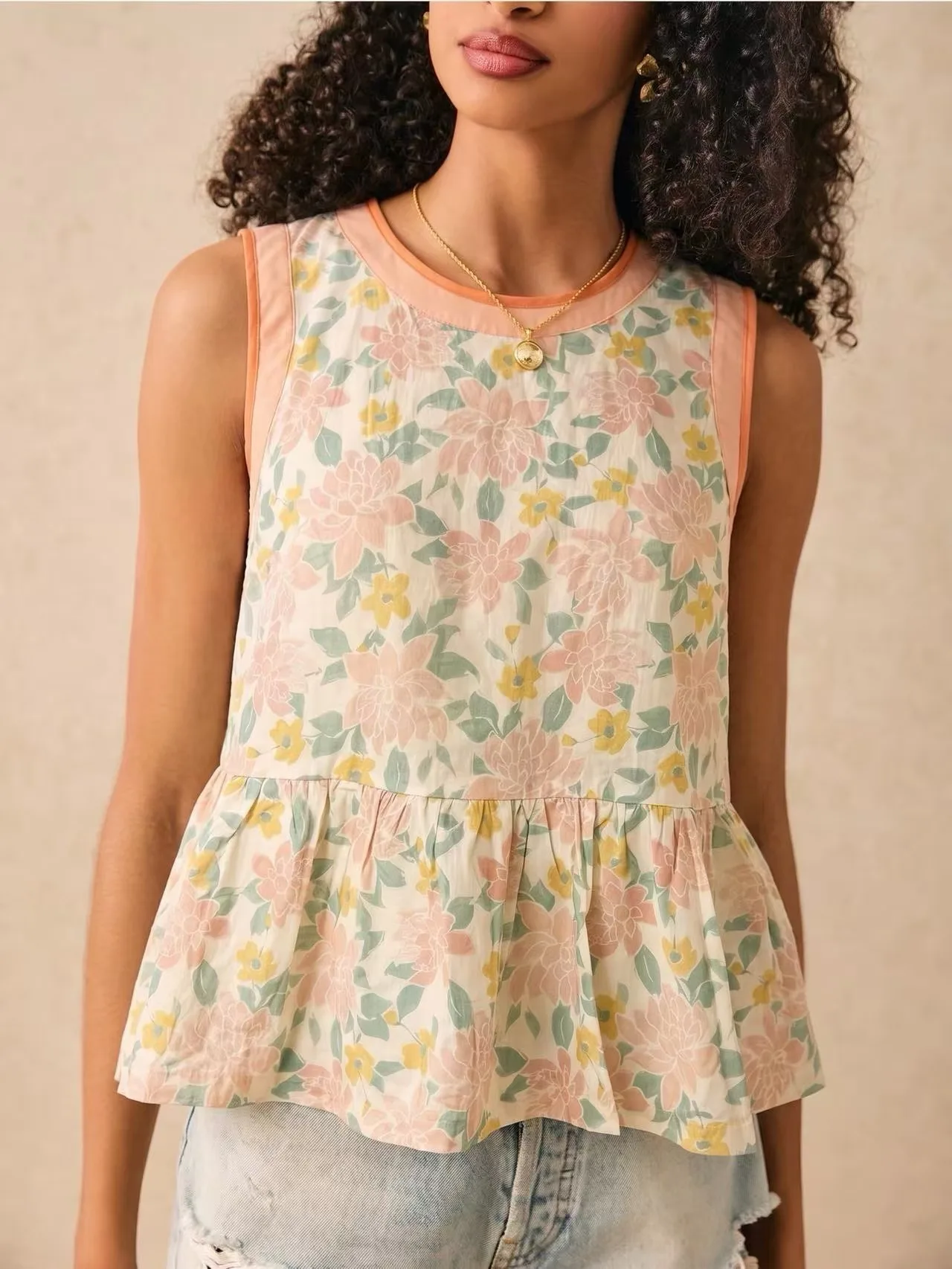 Women Summer Floral Print Sleeveless Blouse Sweet O-Neck Peplum Tops Casual Ruffle Hem Shirts Boho Tank Tops