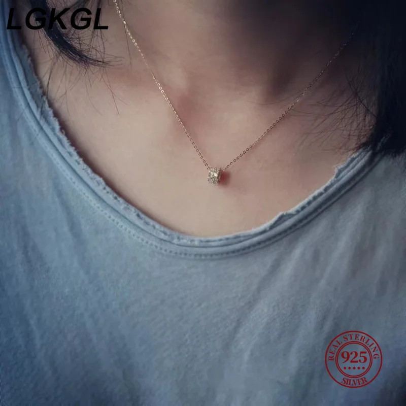 LGKGL 925 Sterling Silver Necklace for Women with Zirconia Transfer Beads 14K Gold Plated Cylindrical Pendant Jewelry AccessoryL