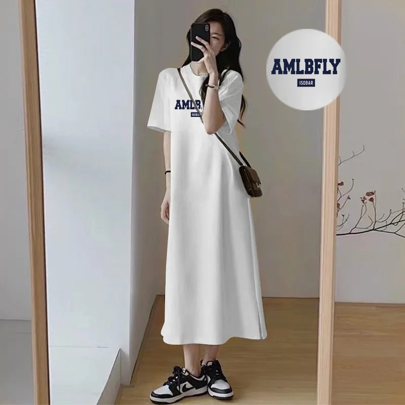 Einfaches Maxikleid mit Buchstaben-Grafik für Damen, lässiges, lockeres T-Shirt-Kleid mit kurzen Ärmeln, tägliches Tragen, langes Sommerkleid