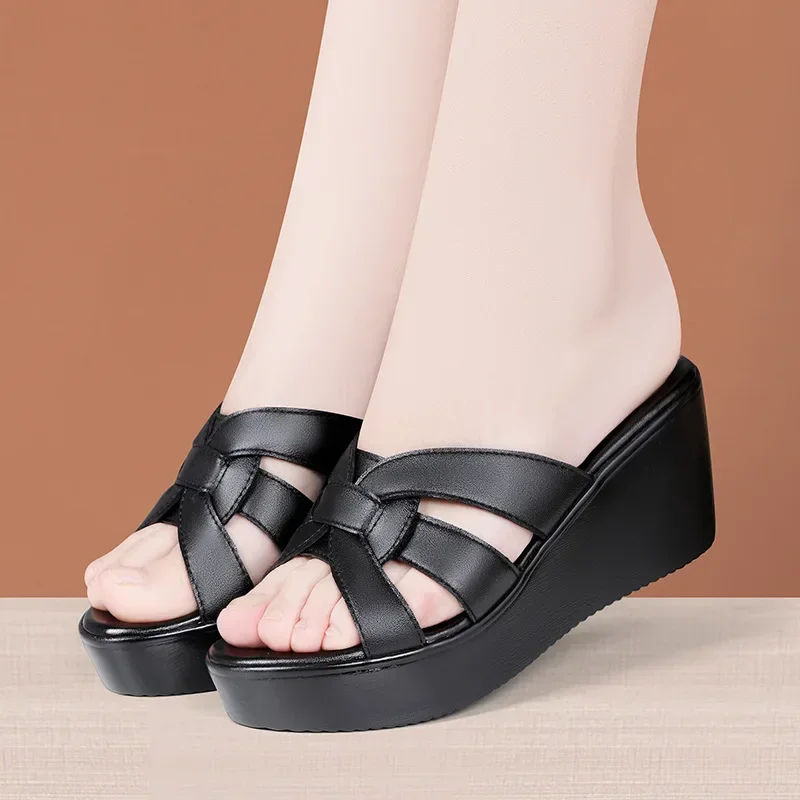 6cm Small Size 32-43 Soft Leather Slides Summer Wedges Shoes 2024 Med Heels Platform Slippers Women for Office Mom Beach