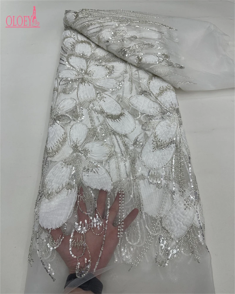 OLOEY Luxury Beaded Lace Fabric for Bridal Wedding Dress High Quality 5 Yards French Net Sequined African Sequined