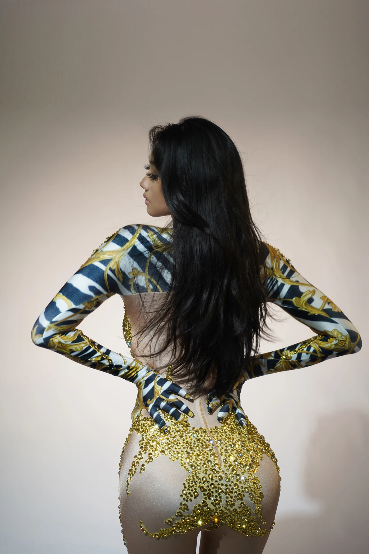 Ropa nueva de baile de Reina para fiesta de Halloween, mono elástico con diamantes de imitación dorados brillantes, mono Sexy para bailarina de Gogo para escenario