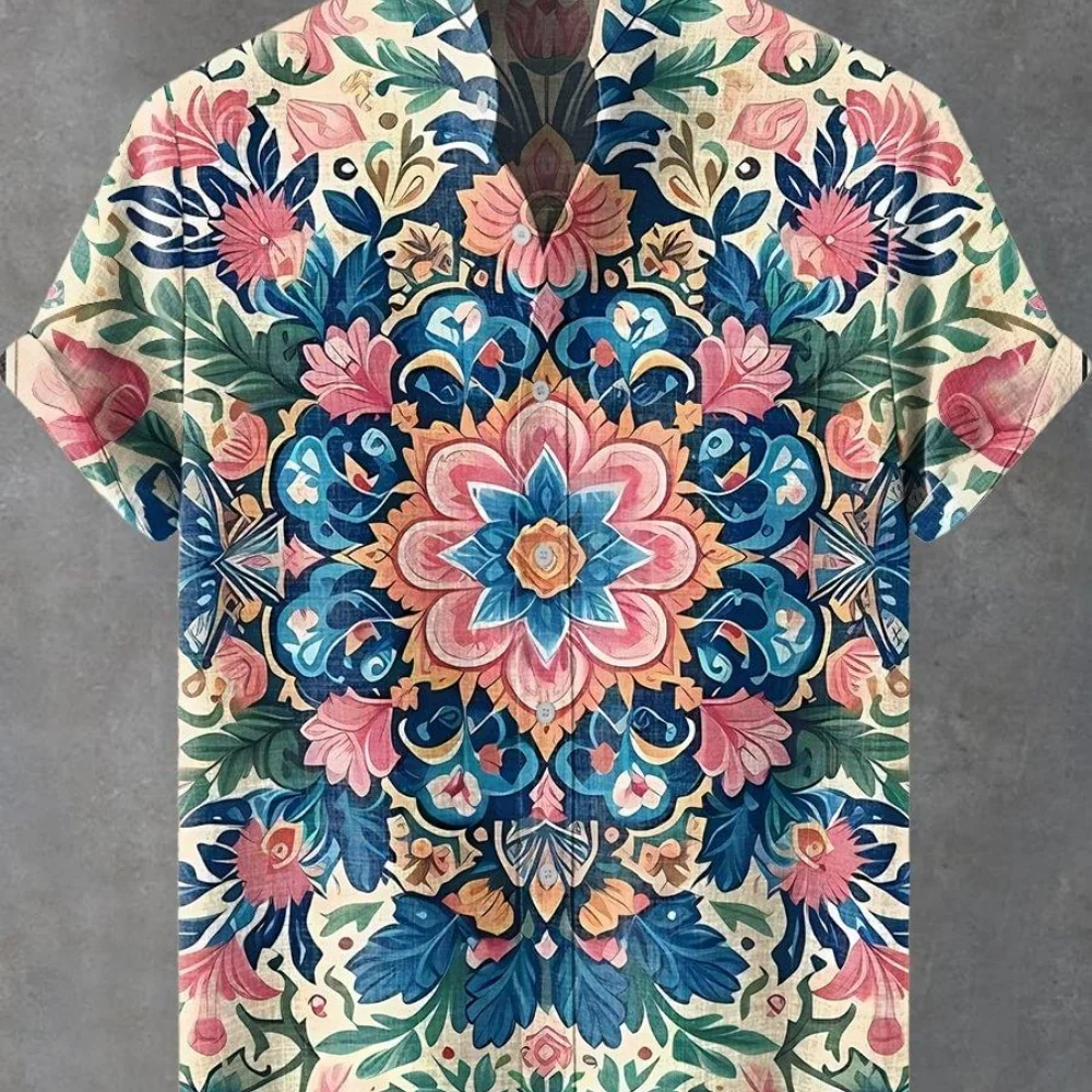 

Retro Tribal Totem Pattern Printing Men's New Linen Comfortable Fabric Short-sleeved Shirt Casual Street Fashion Delivery Super