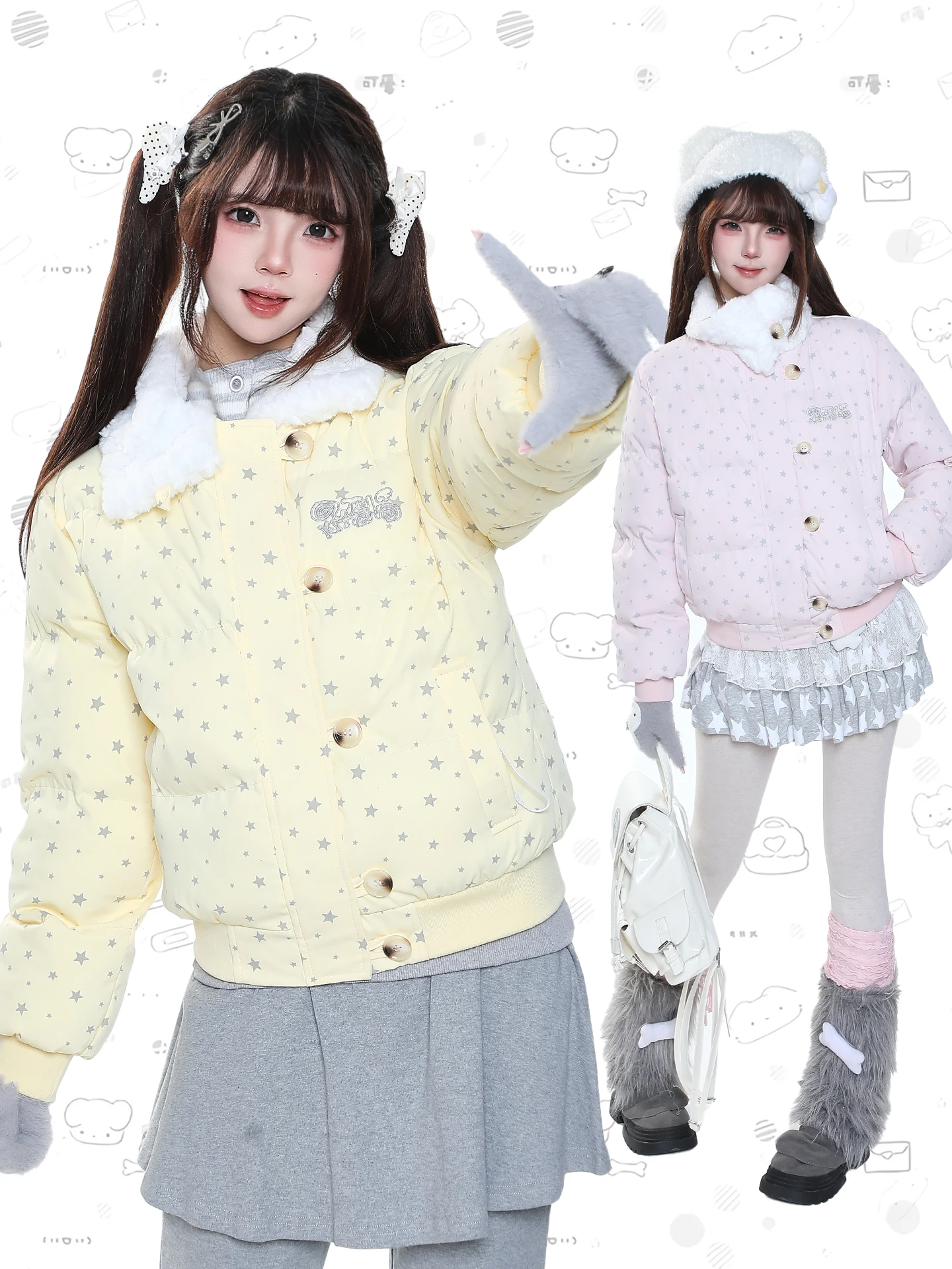 Cute Star Lamb Velvet Collar Thickened Warm Women's Cotton Jacket Short Bread Style Outerwear Winter Fashion Casual Clothes