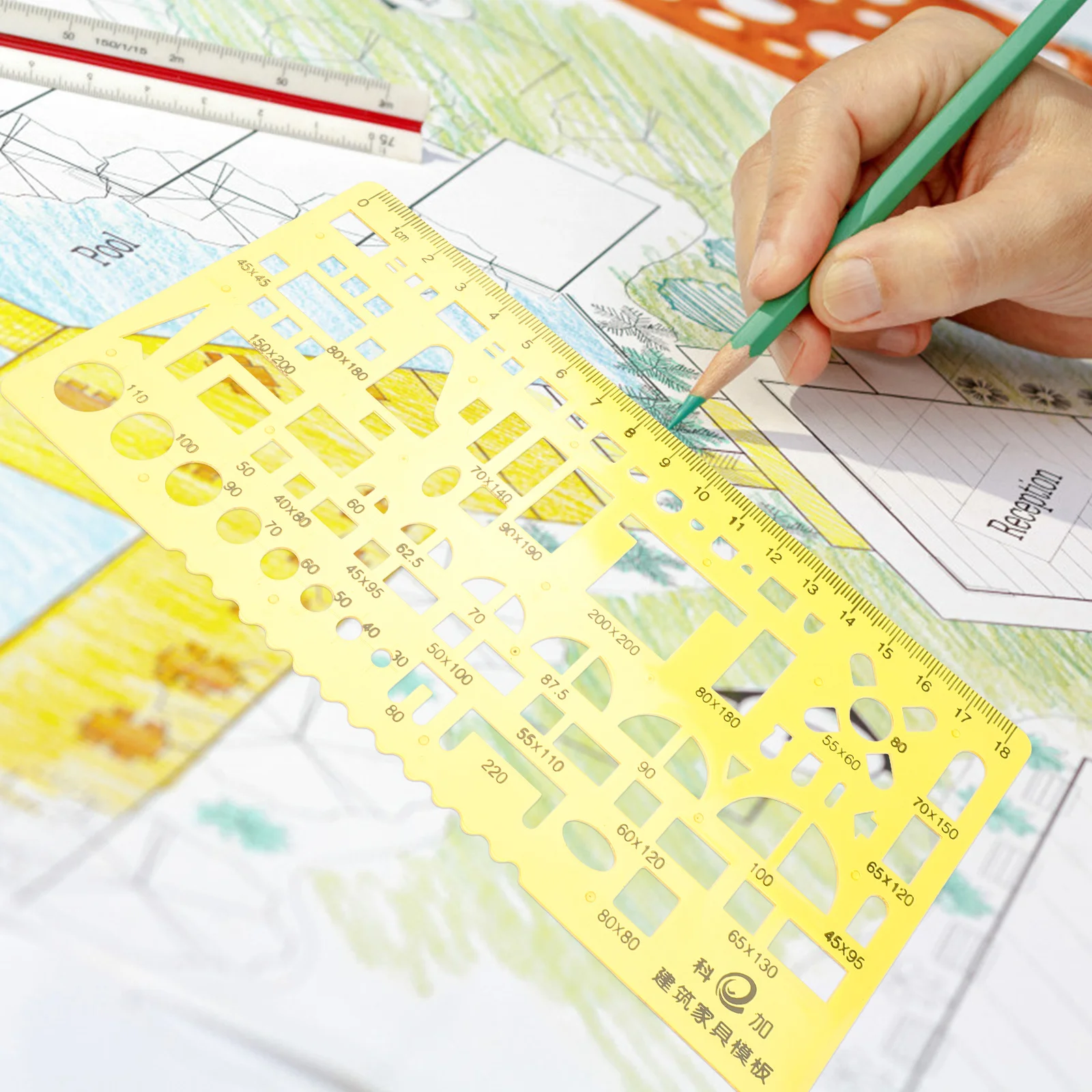 مجموعة واحدة من استنسل هندسي، مسطرة دائرية شفافة، لوازم المعماري، استنسل رسم للرسم، استنسل هندسي