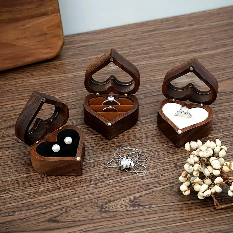 Heart Shape Walnut Wooden Box Jewelry Box Display Box Engagement Wedding Couples Ring Storage Holder Gifts Case for Wedding