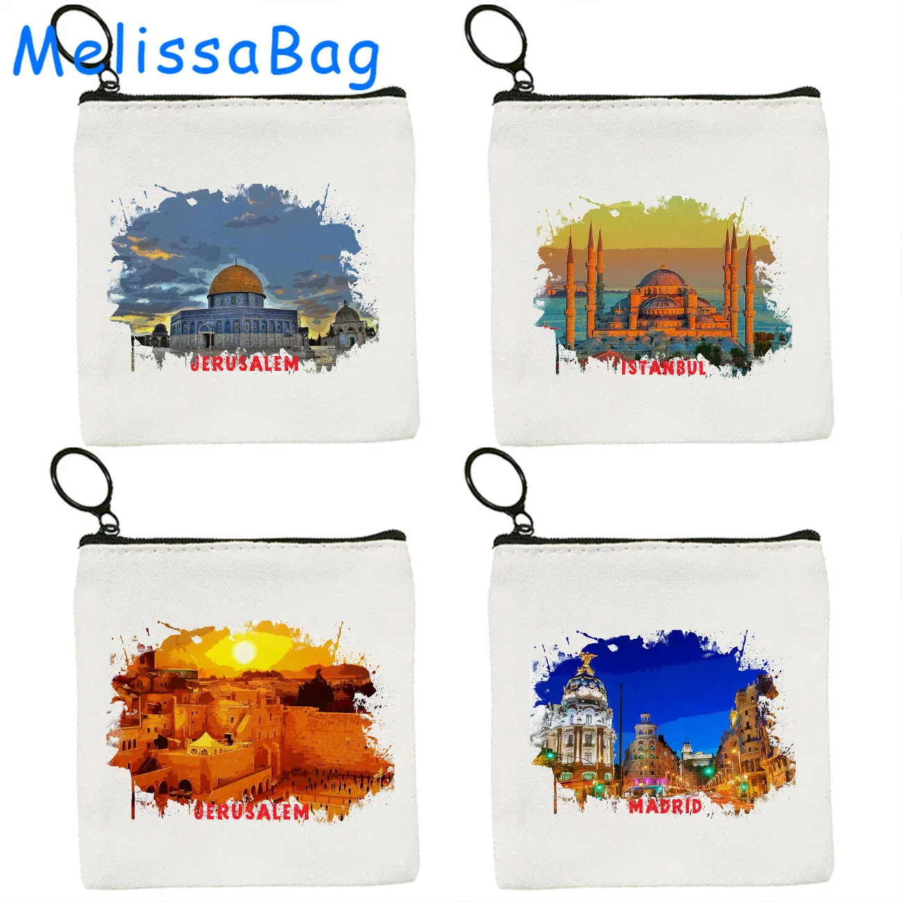 Istanbul Turkey Turkish Palestine Jerusalem Madrid Spain Watercolor Ink Oil Painting Canvas Coin Purse Key Case Bag Zipper Pouch