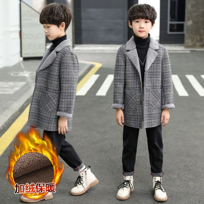 

Boy Coat Children's Wool for Autumn & Spring 2023 New Casual Turn Collar Plaid Pus Velvet Men's Teenager Jacket Outerwear