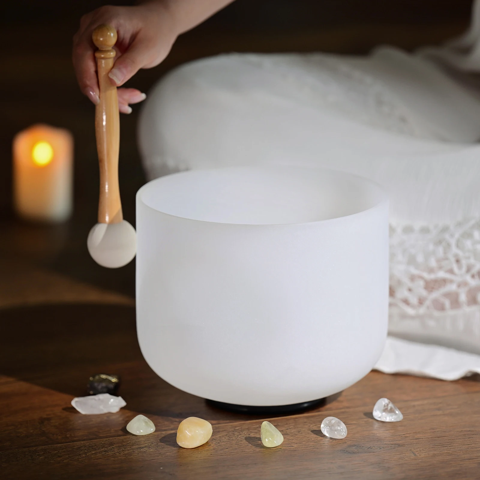 CVNC 8 Inch 440/432HZ CDEFGAB Note White Frosted Quartz Crystal Singing Bowl for Sound Healing Meditation Yoga with Free Mallet