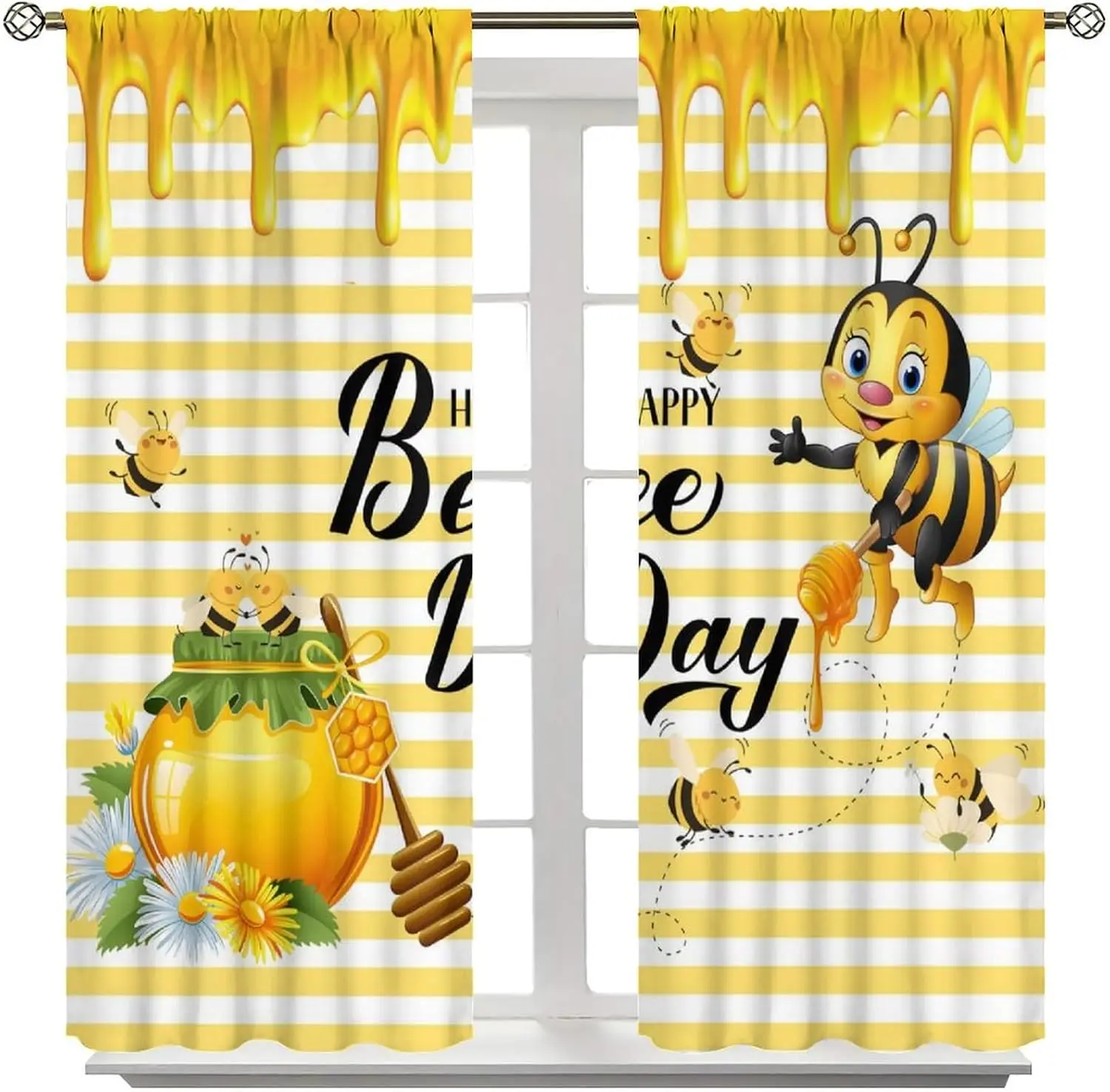 Yellow Bee Curtain Pair Decoration Window Drapes Happy Bee Day Honey Dripping Cartoon Pattern Spring Summer Home Decor
