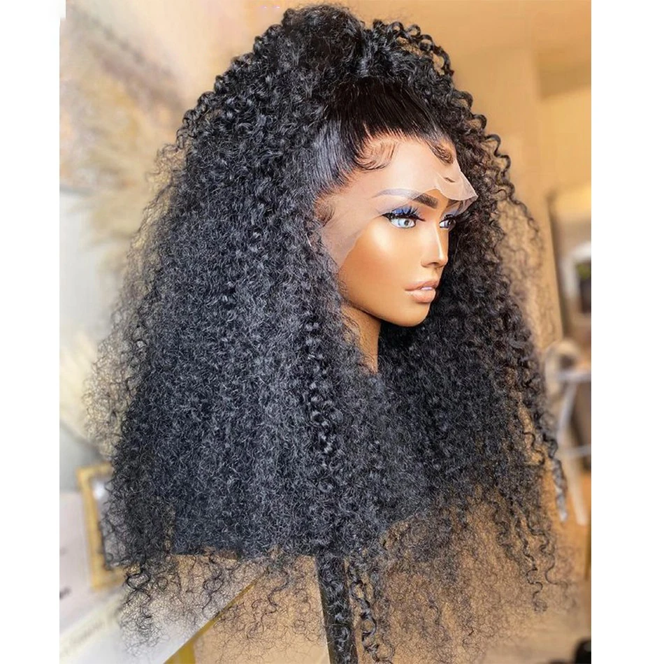 

Preplucked Glueless Soft 26Inch Long Natural Black Kinky Curly 180Density Deep Lace Front Wig For African Women Babyhair Daily