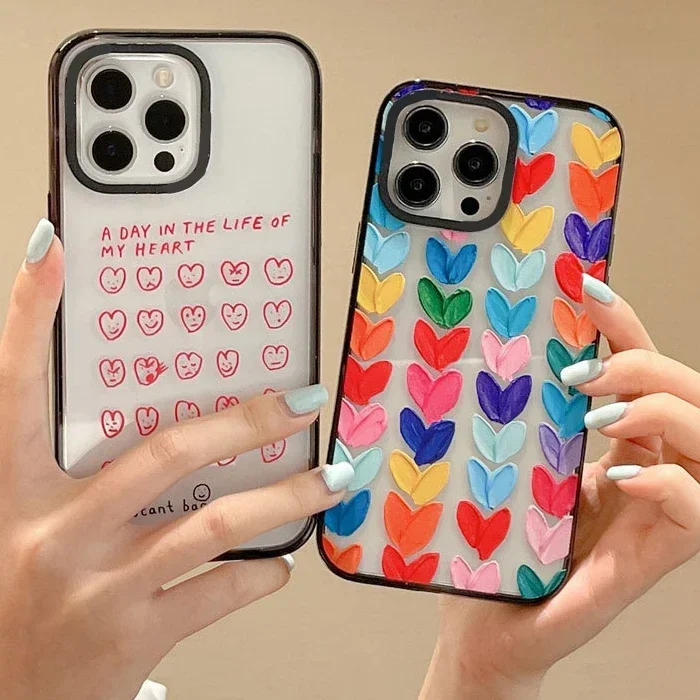 2.0 Version Acrylic Upgrade Border Colorful Hearts Phone Case Cover for IPhone 11 12 13 14 15 16 Pro Max Case