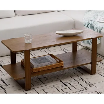 Mesa de centro longa de 2 camadas, mesa de centro lateral moderna de madeira de borracha de meados do século para sala de estar, centro retangular de madeira de nogueira