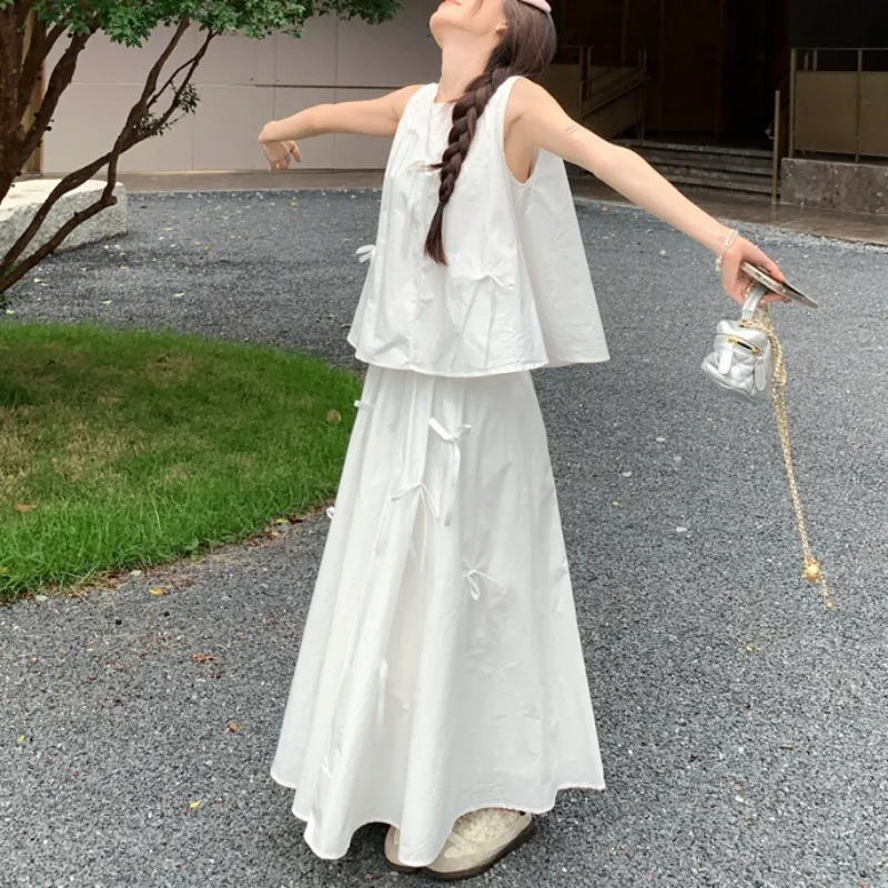 女性のための弓付きの白いドレスのセット,ノースリーブのトップ,ルーズ,シック,韓国スタイル,ハイウエスト,学生服,夏