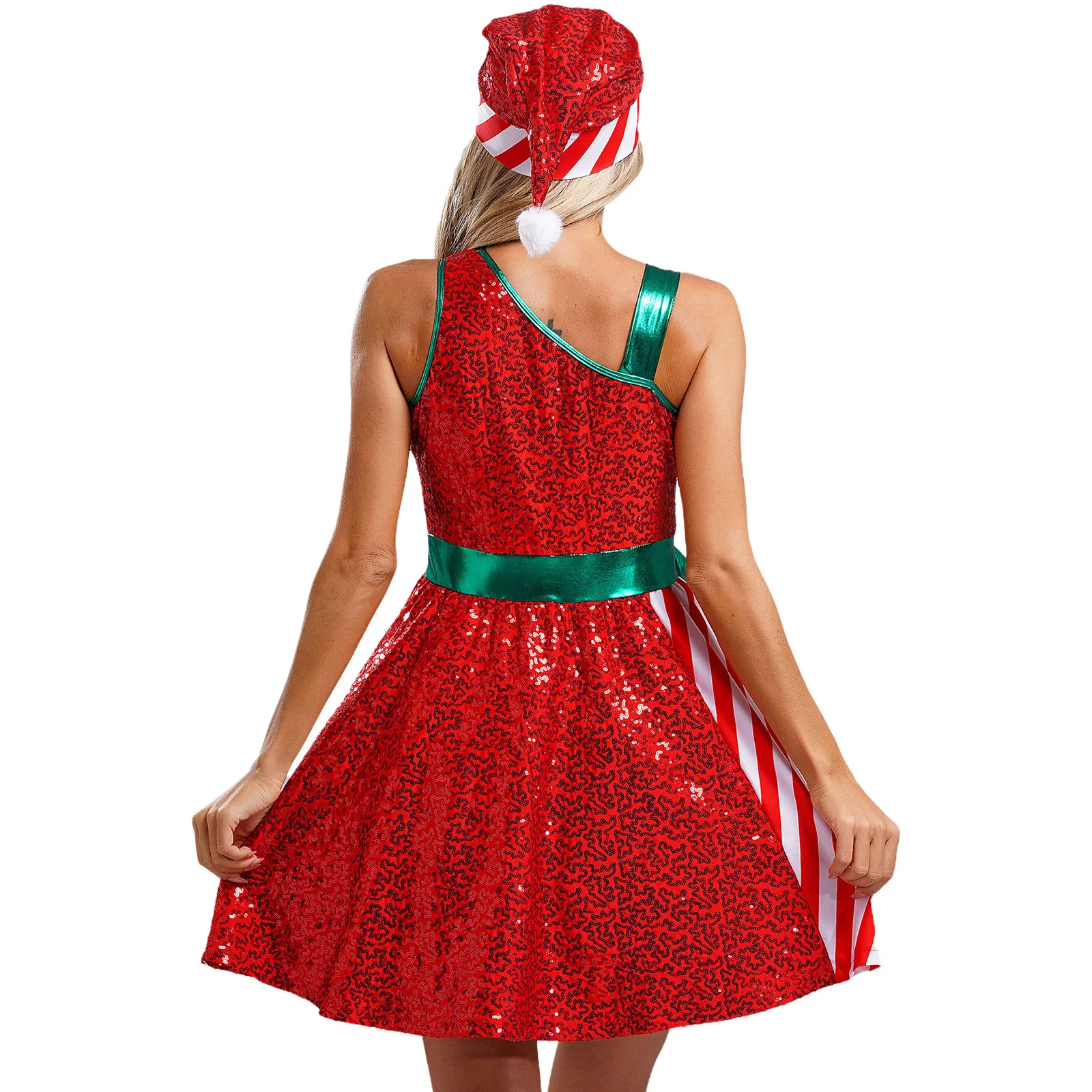 Women New 2024 Christmas Costume Dance Party Costume Santa Claus Costume Sleeveless Sequins Stripes Dress with Santa Hat Set