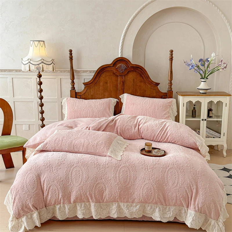 

Vintage French Carved Velvet Lace Ruffles Luxury Warm Winter Pink Bedding Set Duvet Cover Flat/Fitted Bed Sheet Pillowcase 4Pcs
