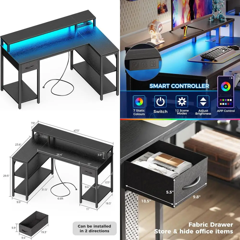 

Двусторонний L-образный игровой стол со светодиодной подсветкой, розетками, ящиками, угловым компьютерным столом с полками и подставкой для монитора