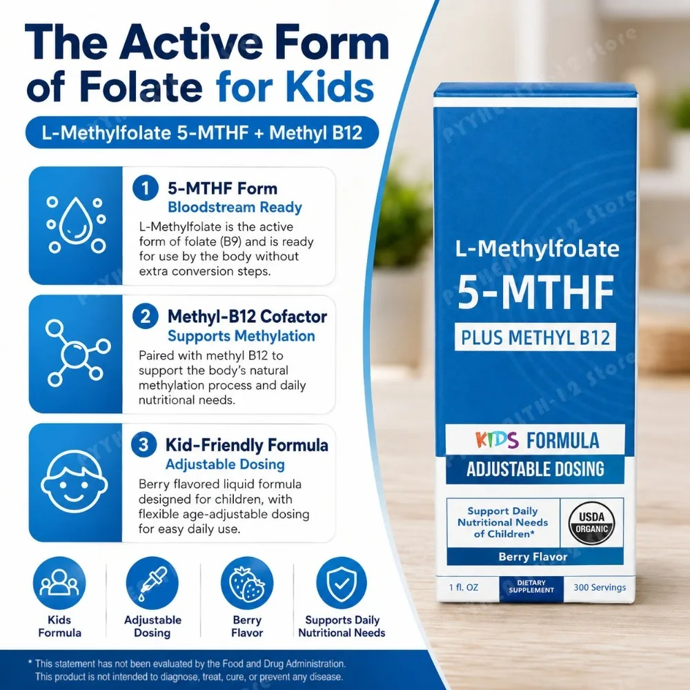 Kids L-Methylfolate 5-MTHF Drops with Methyl B12, Organic Berry Flavor Liquid Folate Supplement for Children, Vegan Formula 30ml