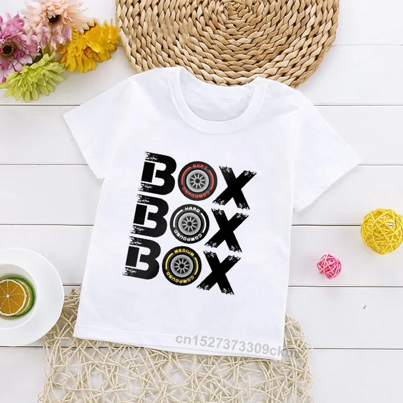 

2023 Box Box Box F1 Tyre Compound Design T Shirt Boy Kids T-Shirt Hipster Toddler Boy Tops Summer Children Clothes 3-13Y White