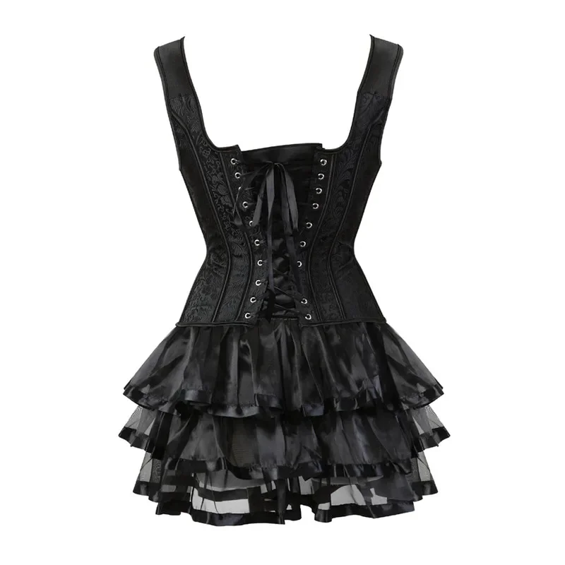 Mulheres sexy jacquard steampunk espartilhos vestido retro colete zíper lateral gótico overbust espartilho com mini saia tutu