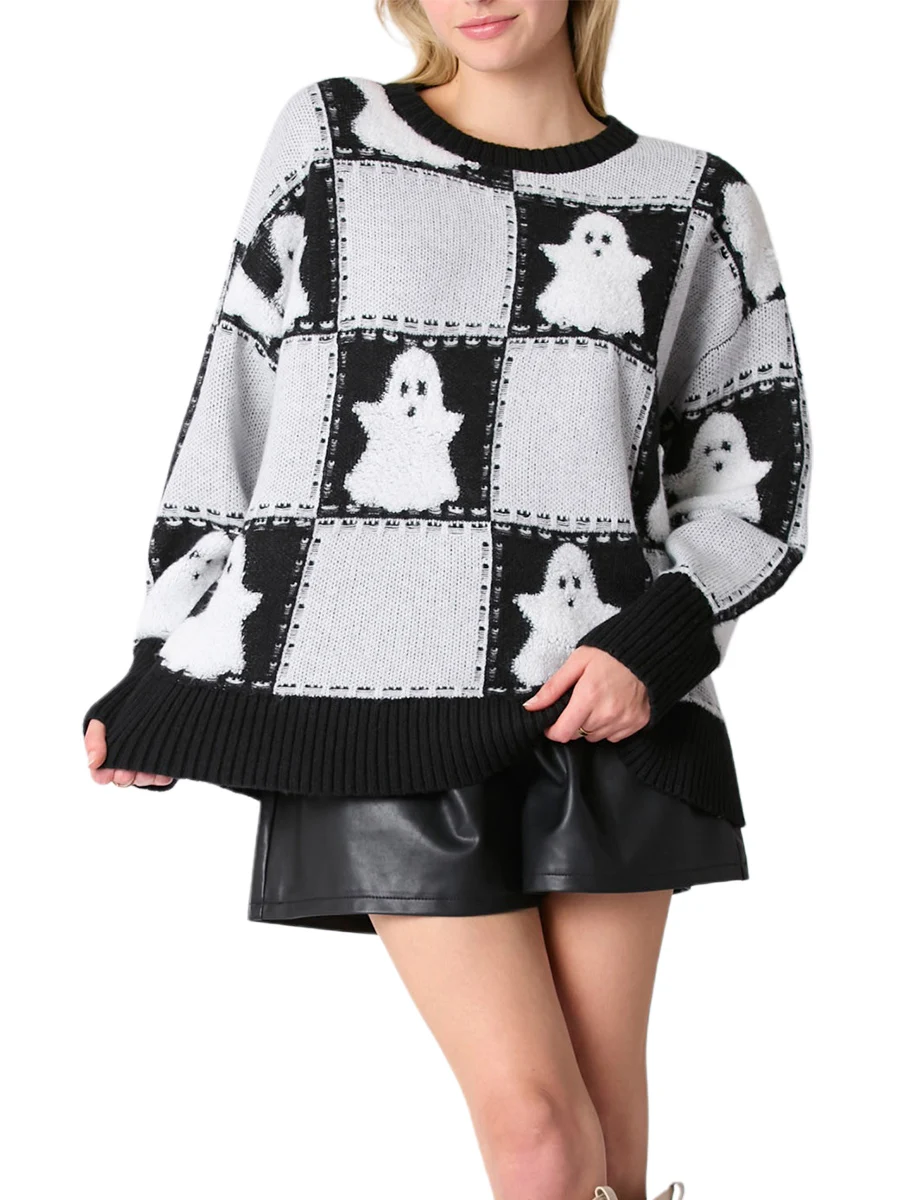 Women s Halloween Checkered Sweater Loose Ghost Crew Neck Long Sleeve Pullover Knit Tops Casual Streetwear