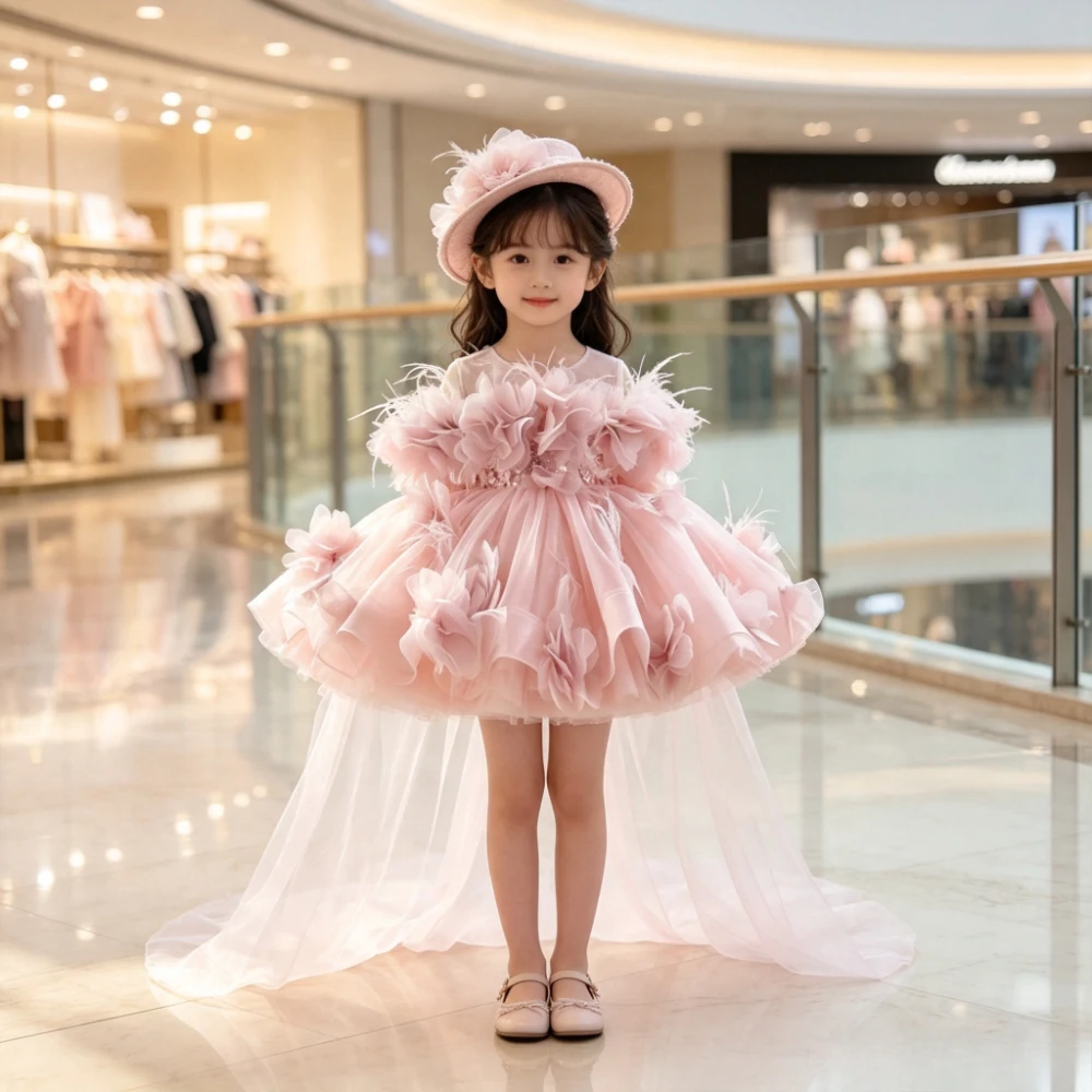 Princess Dress Girls French Party Gown Wedding Flower Girl Kids Piano Host Performance Clothes Floral Tutu New Children Birthday