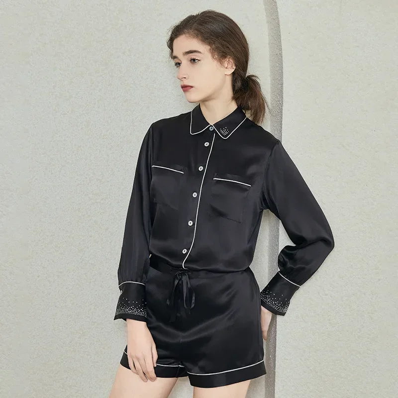 Casual Silk Pajamas Set with Diamond Women 100% Mulberry Silk Button-up Long Sleeve Top & Shorts 2Piece Pajama Loungewear Outfit