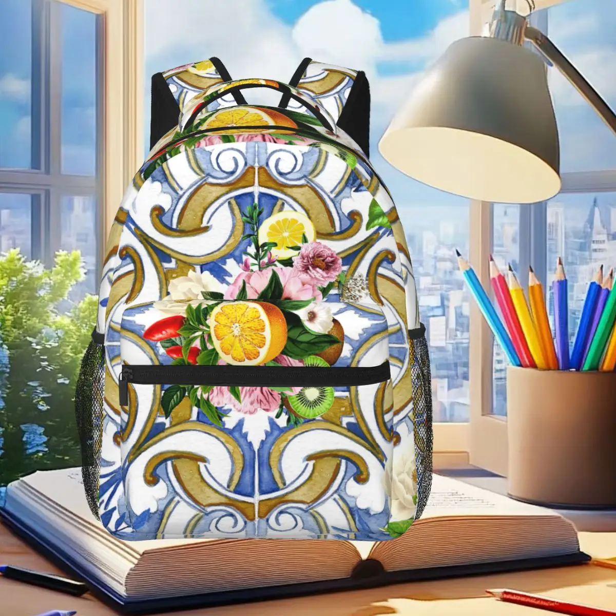 Sicilian Tiles,Mediterranean,Mosaic,Lemons Backpack Student Boys Girls BookBag Kids School Bag Computer Shoulder Bags Men Women