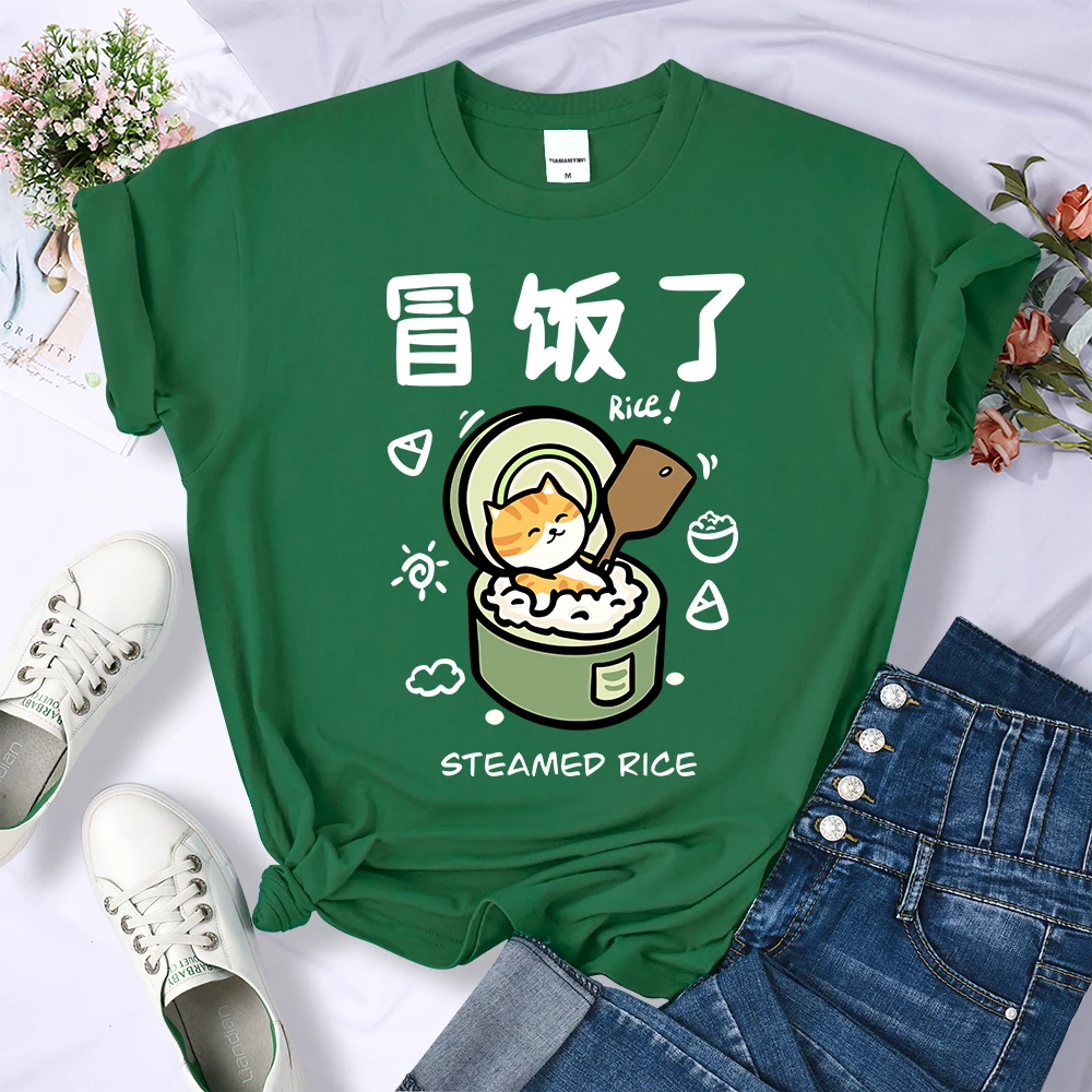 تي شيرت نسائي مطبوع عليه قطة جائعة من الأرز على البخار تي شيرت فضفاض غير رسمي تي شيرت عصري مريح بأكمام قصيرة ملابس خروج تناسب الجميع