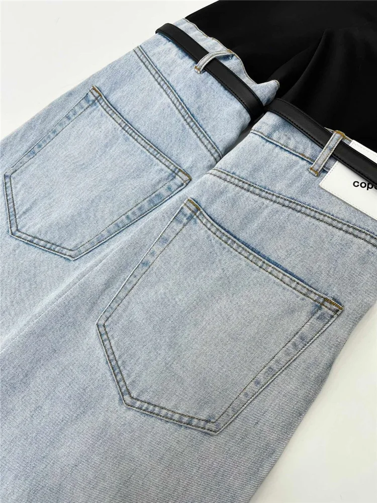 DEAT Fashion Women\'s Jeans High Waist Straight Patchwork PU Leather Buckle Streetwear Denim Pants Spring 2024 New Trend 17A2013H