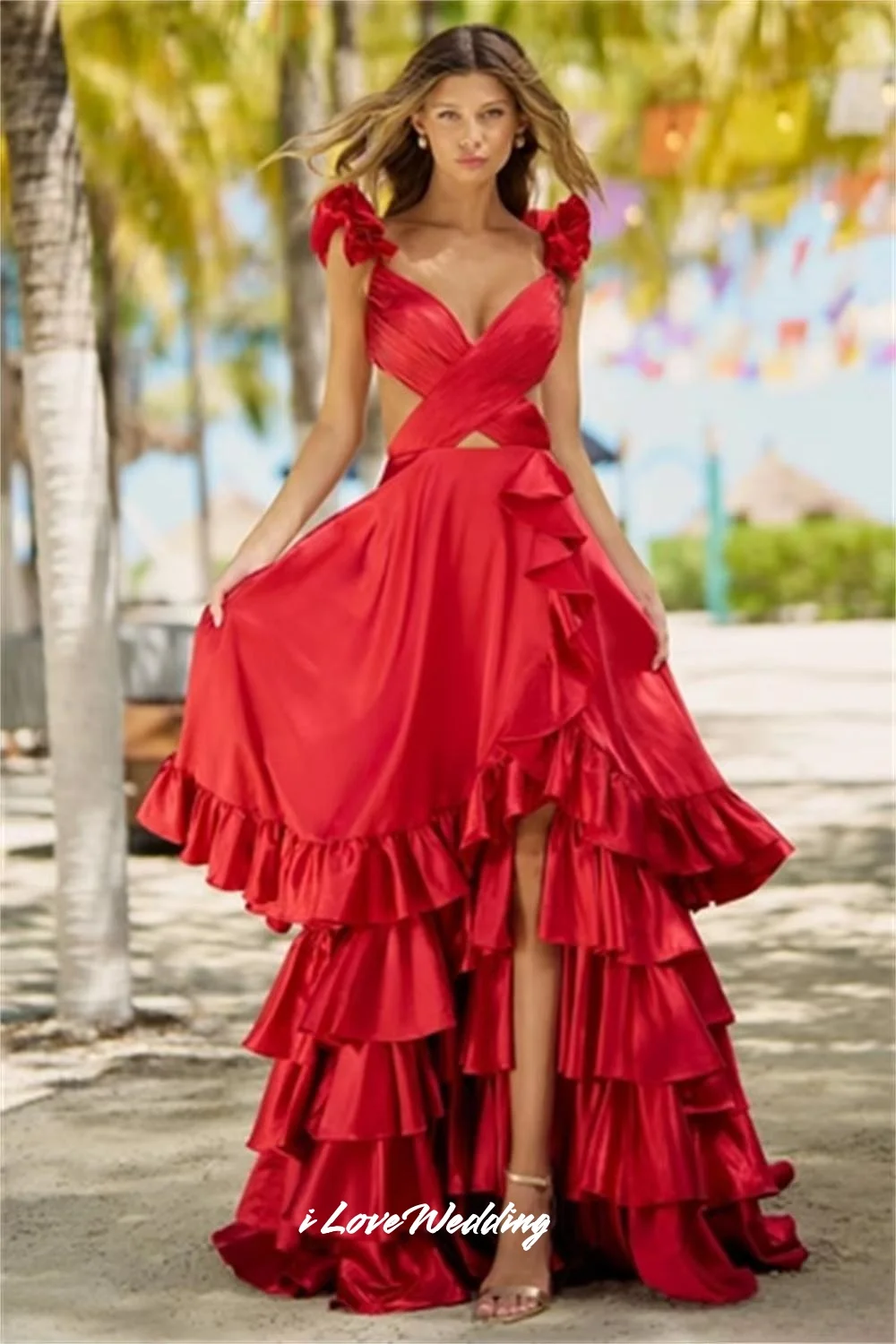

Red V-Neck Evening Dresses 2025 Spaghetti-Strap Sleeveless A-Line Ruffles Pleat Train Tiered Floor-Length Party Dress Customized